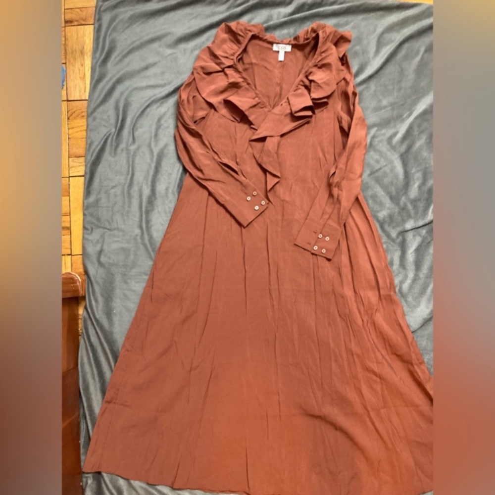 COS Burn Orange Sundress with Cowl Neck and Bishop Sleeves